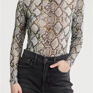 AFRM Zoe Mock Neck Mesh Snakeskin Top Limelight
